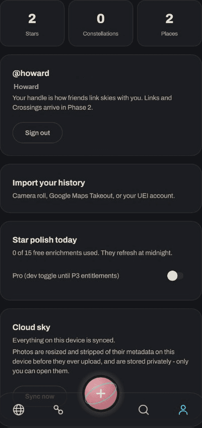 Tastellar account screen, showing a single handle and import options