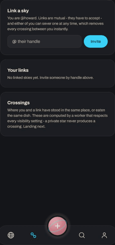 Tastellar linked skies screen, showing mutual connections and crossings