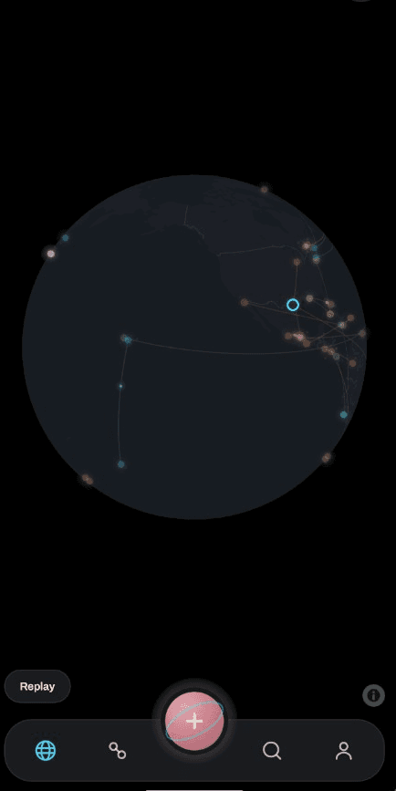 The Tastellar world sky: saved dishes plotted as stars across a globe