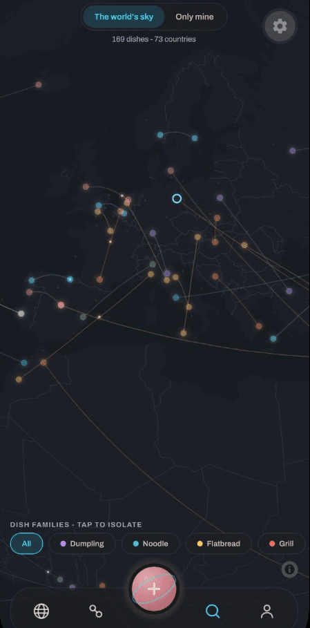 Tastellar globe replay screen, showing saved dishes across a world map